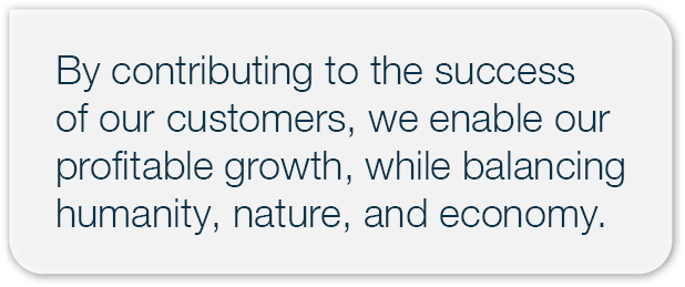 By contributing to the success of our customers, we enable our profitable growth, while balancing humanity, nature, a...