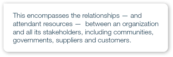 This encompasses the relationships — and attendant resources — between an organization and all its stakeholders, incl...