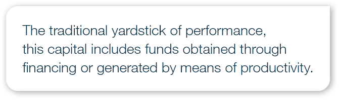 The traditional yardstick of performance, this capital includes funds obtained through financing or generated by mean...